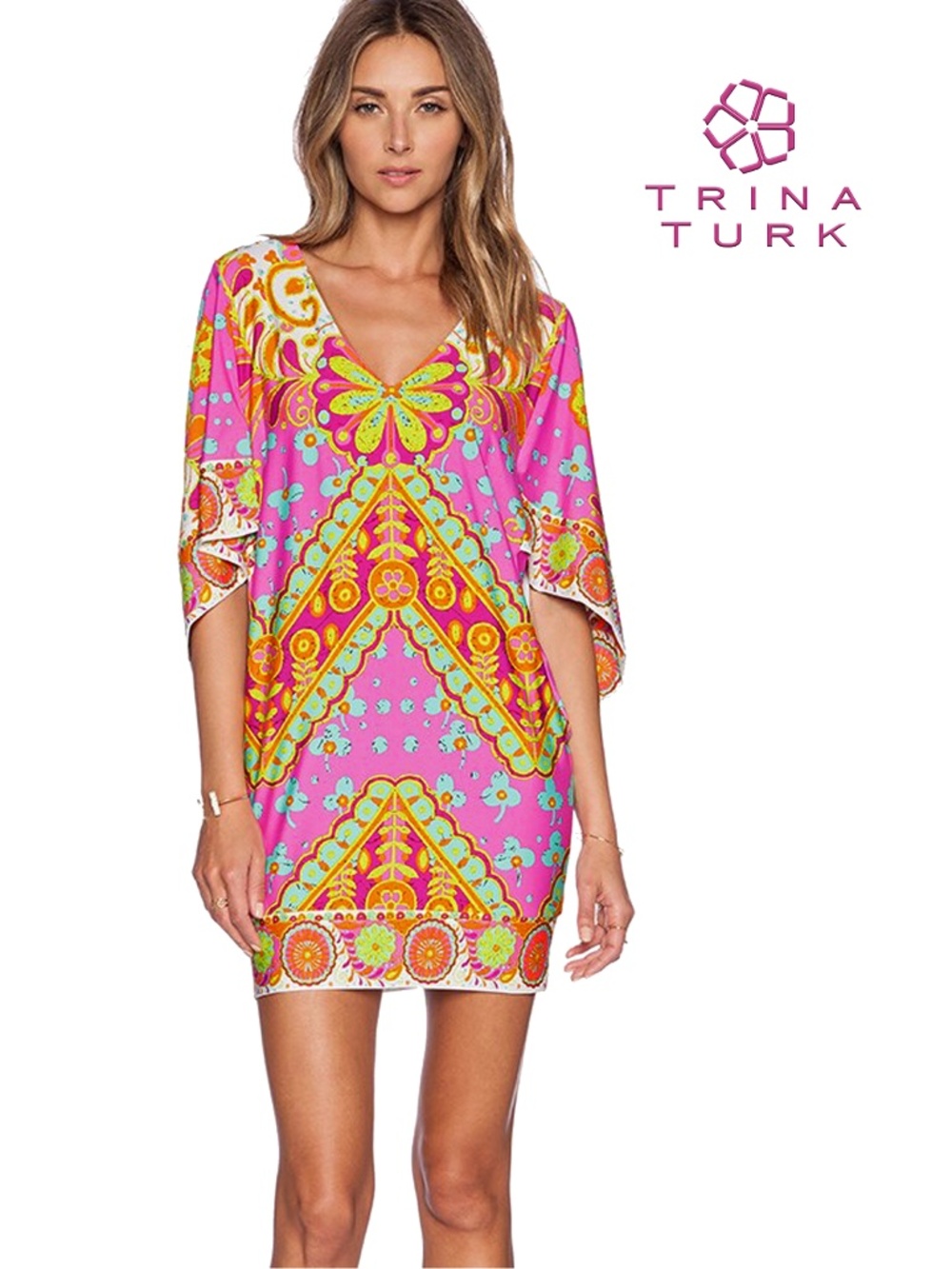 Trina Turk Woodblock Floral Swim Coverup Tunic Mini Dress Vibrant Colours